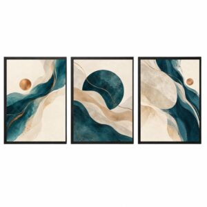 Trio Quadros Abstratos Boho Azul Mineral