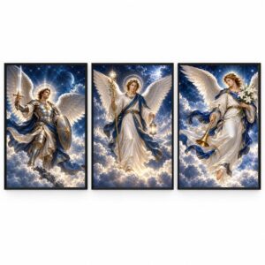 Trio Quadros Arcanjos Azul Celestial