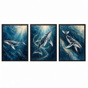Trio Quadros Baleias Boho Azul