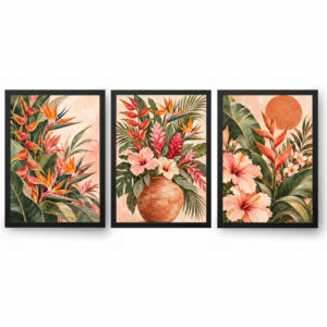 Trio Quadros Boho Selvagem Flores Tropicais
