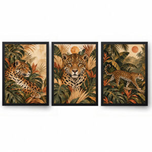 Trio Quadros Boho Selvagem Onça e Folhas