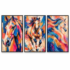 Trio Quadros Cavalos Boho Abstrato Geométricos