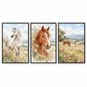 Trio Quadros Cavalos Boho Aquarela