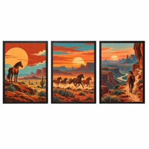 Trio Quadros Cavalos Boho No Deserto