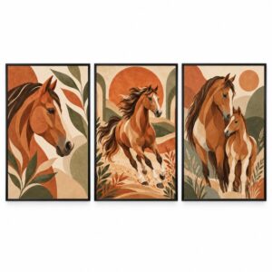 Trio Quadros Cavalos Boho Terracota Natureza