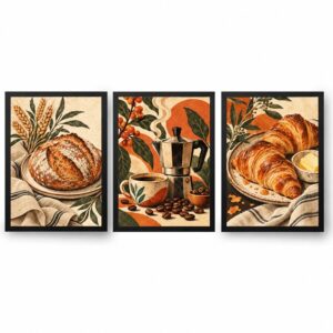 Trio Quadros Cozinha Boho Pães e Café