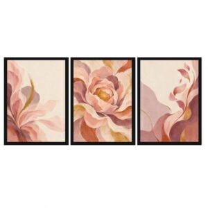 Trio Quadros Flores Rosadas Abstratas