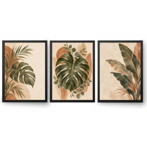Trio Quadros Folhagens Boho Terracota