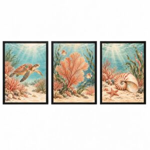Trio Quadros Fundo do Mar Boho Coral