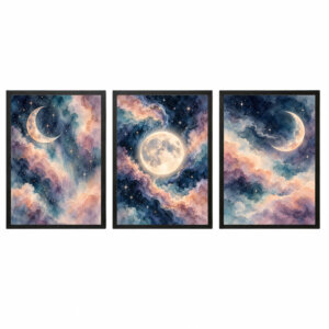 Trio Quadros Lua Boho Aquarela Cósmica