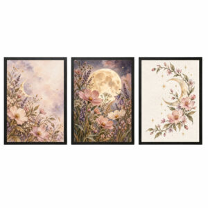 Trio Quadros Lua Boho Celestial Floral