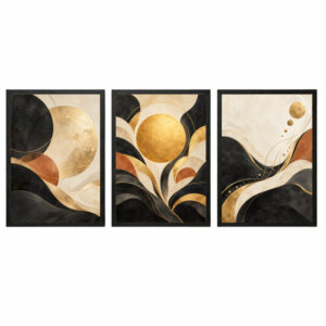 Trio Quadros Prosperidade Abstrata Dourada