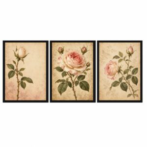 Trio Quadros Rosas Vintage Botânicas