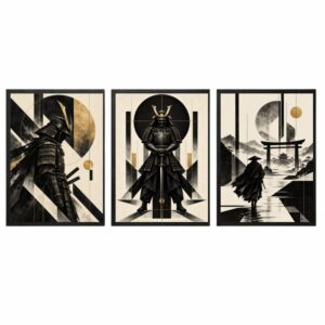 Trio Quadros Samurai Geométrico Preto