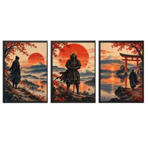 Trio Quadros Samurai Pôr do Sol Japonês