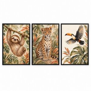 Trio Quadros Selva Boho em Aquarela