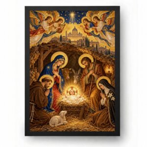 Quadro Adoracao do Menino Jesus com Santos e Anjos Bizantino