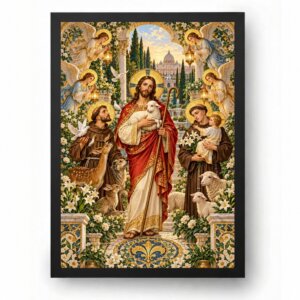 Quadro Jesus Bom Pastor com Santos Protetores e Anjos
