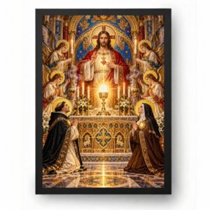 Quadro Jesus Eucaristico com Santos e Anjos Adoradores