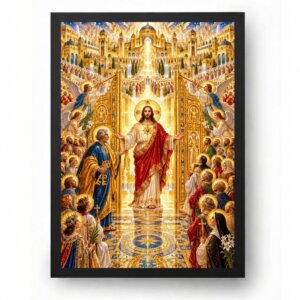 Quadro Jesus Glorioso na Jerusalem Celeste com Santos e Anjos