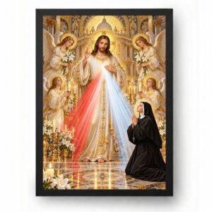 Quadro Jesus Misericordioso com Santa Faustina e Anjos