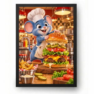 Quadro Rato Chefe de Cozinha Desenho Hambúrguer Artesanal