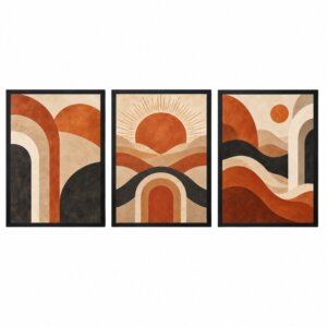 Trio Quadros Boho Formas Orgânicas e Sol