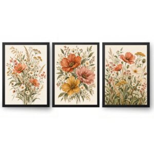 Trio Quadros Boho Natureza Flores Campestres Coloridas