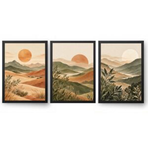 Trio Quadros Boho Natureza Paisagem Orgânica Sol e Montanhas