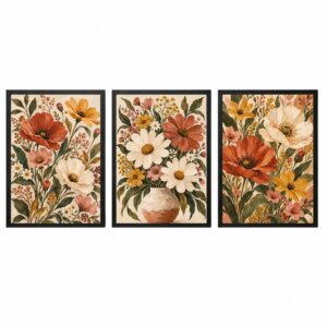 Trio Quadros Boho Flores Campestres Coloridas