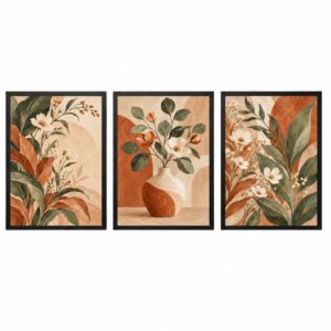 Trio Quadros Boho Botânico Com Terracota e Verde Sálvia