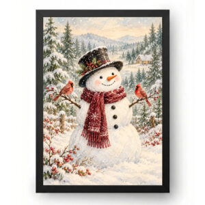 Quadro de Natal Boneco de Neve e Passarinhos