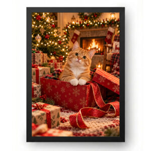 Quadro de Natal Gato entre Presentes