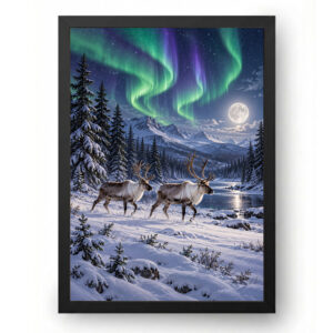 Quadro de Natal Renas sob a Aurora Boreal