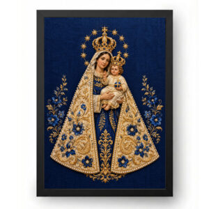 Quadro de Nossa Senhora de Nazaré Bordado Sacro em Azul Royal