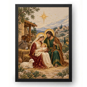 Quadro Presépio Bordado Dourado em Linho