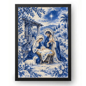 Quadro Presépio Porcelana Azul e Branca