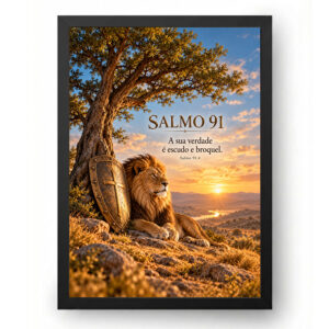 Quadro Salmo 91 Leão e Escudo de Fé